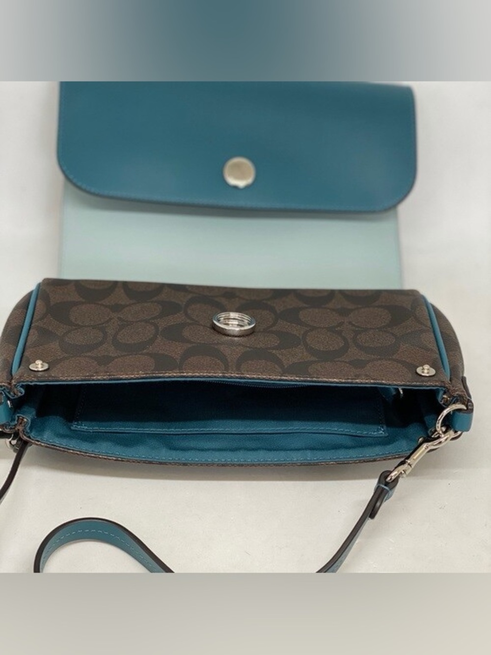 NWT Coach Reversible Signature Crossbody Bag Flap Teal Light Blue F59534 - Picture 9 of 14